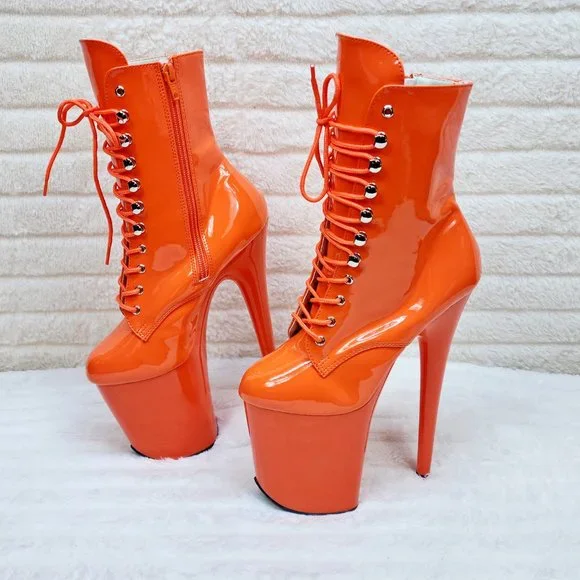 Flamingo Bright Orange Patent Towering 8" High Heel Platform Ankle Boots - Picture 8 of 11